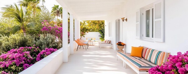 Fototapeta premium Bright and airy patio with white walls, colorful striped seating, and blooming bougainvillea for a vibrant Mediterranean feel