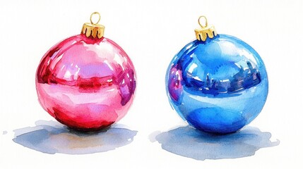 Watercolor Christmas ornaments in pink and blue. Ideal for holiday cards, gift tags, or festive website designs.