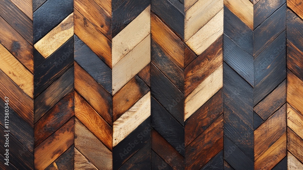 Poster richly patterned wooden herringbone floor design showcasing diverse textures and colors in warm tone