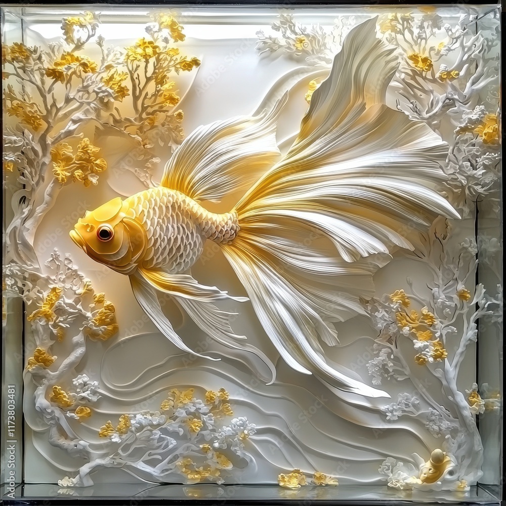 Poster elegant eastern goldfish motif display artistic showcase hyperrealistic style vibrant environment cl