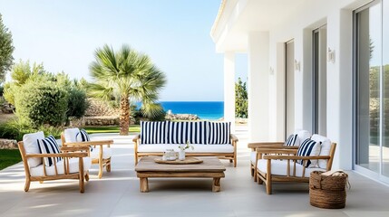 Coastal patio with nautical stripes and driftwood furniture