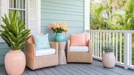 Coastal patio with wicker chairs and pastel accents