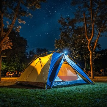 Outdoor camping tent with tarp or flysheet on grass courtyard and warm night light under dark night sky, family vacation picnic on holiday relax, Overview of camping of family tourist. 