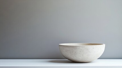 Simple, speckled, off-white bowl on white surface against gray background.