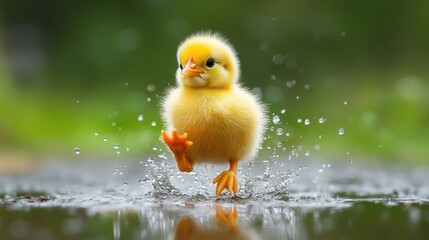 Yellow chick joyfully splashes in rainwater on a bright day in spring amidst lush greenery and blooming flowers. Generative AI