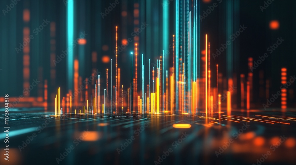 Poster abstract digital landscape with glowing lines and bars in orange and blue hues, representing data fl