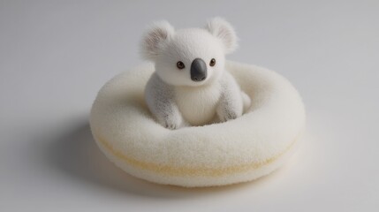 Adorable fluffy white koala sitting in a donut-shaped bed.