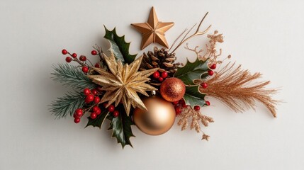 Gold and red Christmas ornaments, pine cones, holly, and branches arranged on a white background.