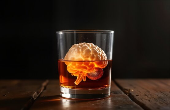 Conceptual image shows human brain inside glass of alcohol. Potentially harmful effect of alcohol on brain health visualized. Miniature anatomical model of brain sits in drink. Dark background - Powered by Adobe