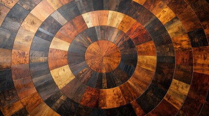 Fototapeta premium Unique circular wooden pattern showcasing intricate craftsmanship and rich textures at a design studio. Generative AI