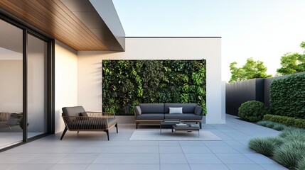 Contemporary patio with monochromatic tones, sleek furniture, and a vertical garden