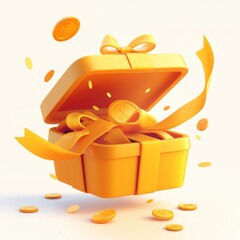 3D Render of Open Gift Box with Floating Gold Coin and Serpentine Ribbon, Representing a Cash Surprise, Money Prize, and Loyalty Program Concept.