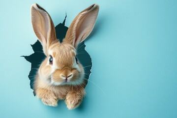 Curious rabbit peeking through hole in light blue background
