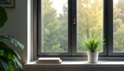 Modern window design for interior decoration. Minimalist house window with dark frame. Open office window. View of trees outside. Plant in pot on window sill. Books on window sill. Interior design