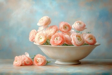Delicate Peach Ranunculus in Vintage Bowl
