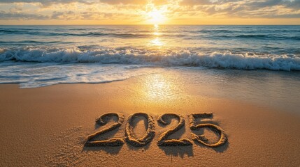 "2025" drawn in the sand on a beach, with gentle ocean waves in the background and a warm sunrise casting soft light over