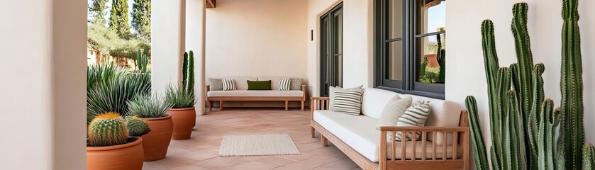 Fototapeta premium Desert-inspired patio with cacti, terracotta accents, and adobe-style seating