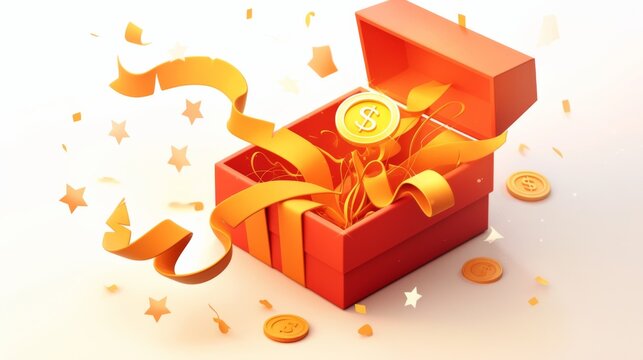 3D Render of Open Gift Box with Floating Gold Coin and Serpentine Ribbon, Representing a Cash Surprise, Money Prize, and Loyalty Program Concept.