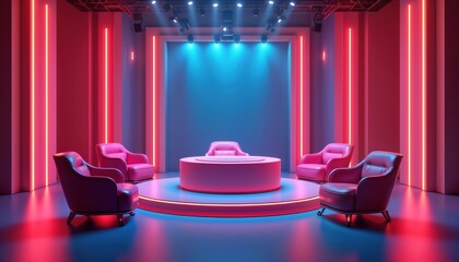 Empty studio set. Vibrant pink, blue neon lights. Stylish pink leather armchairs. Round pink table. Ready for talk show game show. Inviting ambiance. Perfect for hosting discussions in lively studio.