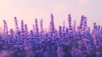 Obraz premium A vibrant field of lavender flowers bathed in soft purple hues under a pastel sky.