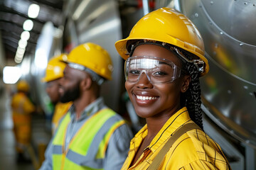 Fototapeta premium Diverse African American Men and Women Working Together in a Renewable Energy Industry Warehouse