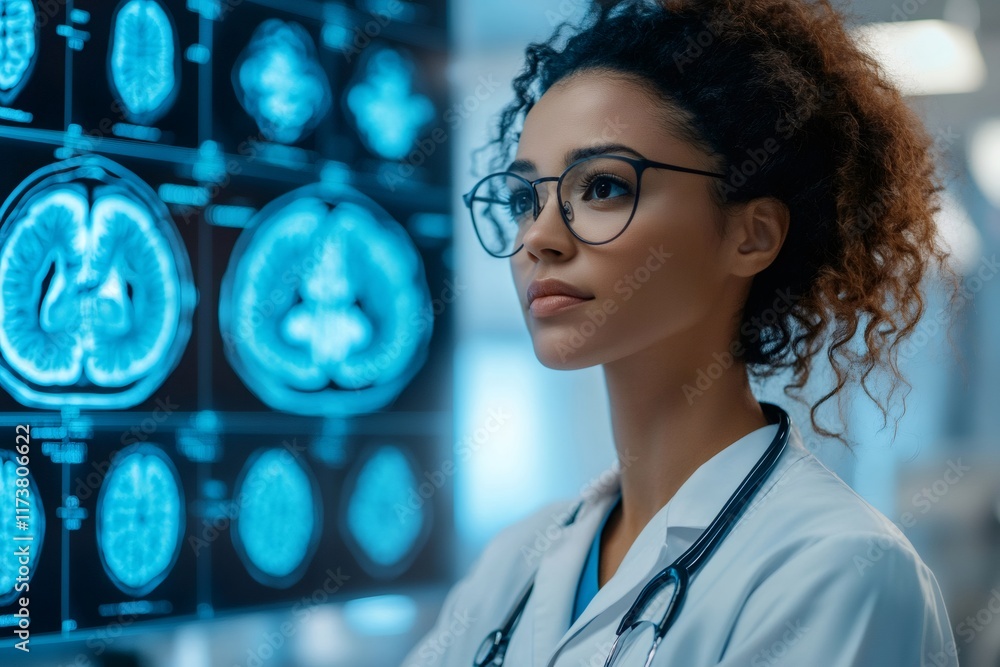 Poster medical doctor analyzing brain mri scan images on computer monitor in laboratory