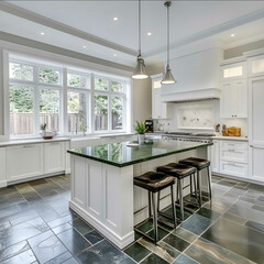 beautiful modern kitchen green granite countertop white cabinets large gray tiles floor