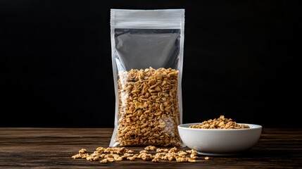 Soybeans in clear plastic bag and bowl on wooden surface.