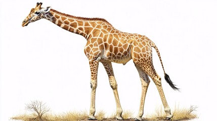 Obraz premium A majestic male giraffe stands gracefully in a serene savanna landscape.