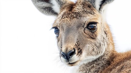 Fototapeta premium Close-up of a curious kangaroo, showcasing its expressive eyes and soft fur against a light background.