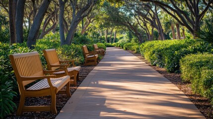 Fototapeta premium Sunlit path lined with benches under shady trees in a tranquil park.