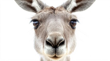 Obraz premium A close-up of a curious kangaroo's face, showcasing its large eyes and soft fur against a bright white background.