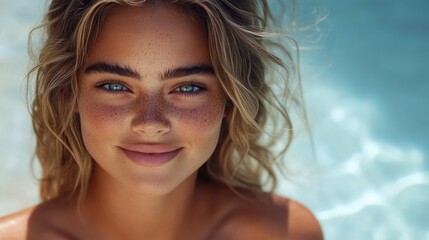 Obraz premium Beautiful Woman with Freckles and Blue Eyes Smiling