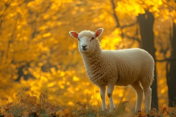 Obraz premium Single sheep standing in a golden autumn meadow