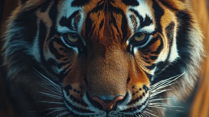 Obraz premium A close-up portrait of a majestic Bengal tiger showcasing its striking orange and black fur.