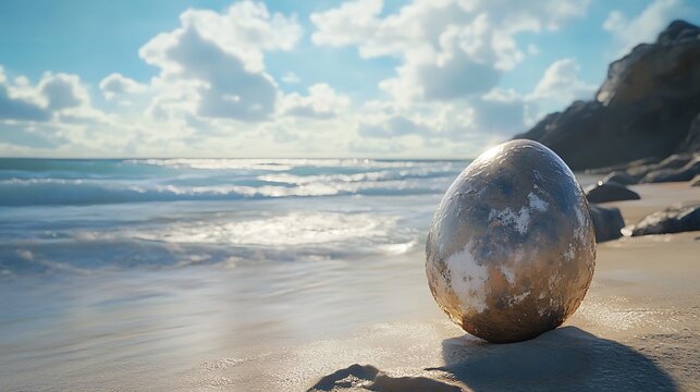 A large, mysterious egg rests on a sandy beach with waves and rocks in the background.
