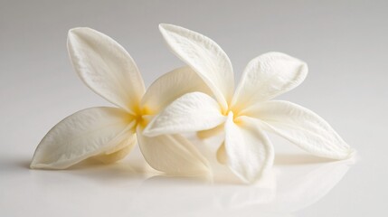 Two delicate white plumeria flowers with soft yellow centers, elegantly arranged on a smooth surface.