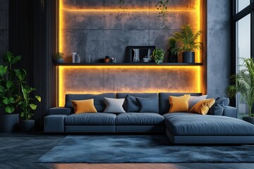 Modern Living Room Interior Design with Dark Blue Sectional Sofa and Warm Lighting