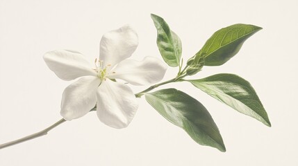 Fototapeta premium A beautiful white flower with delicate petals and vibrant green leaves against a soft background.