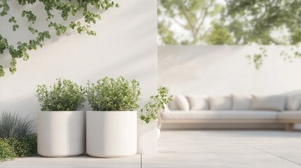 Fototapeta premium Minimalist outdoor patio with white planters, greenery, and blurred lounge furniture.