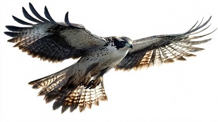 Obraz premium A majestic hawk in mid-flight, showcasing its impressive wingspan and striking plumage against a white background.