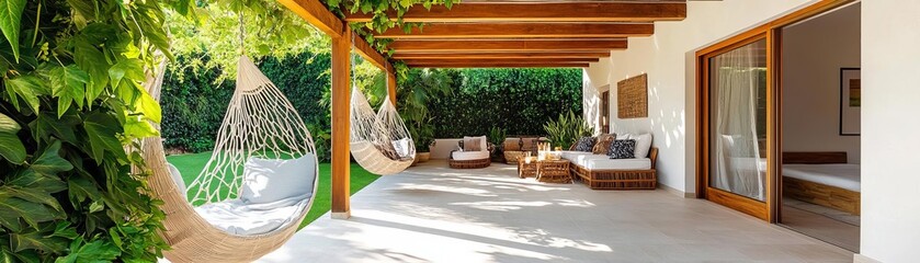 Enclosed patio with a rustic pergola, lush ivy, and cozy hanging chairs