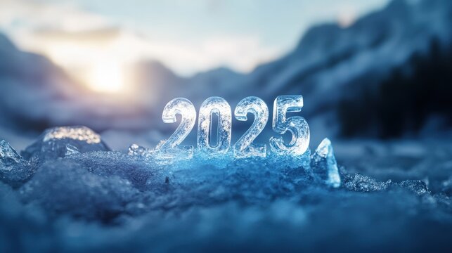 the year "2025" carved out of ice, glowing softly under a pale blue light, surrounded by a frosty winter landscape - Powered by Adobe
