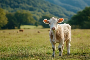 Fototapeta premium Portrait of a white calf standing in a grassy field on a sunny day