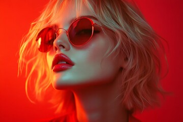 Obraz premium Fashion model wearing red sunglasses and lipstick posing under red light