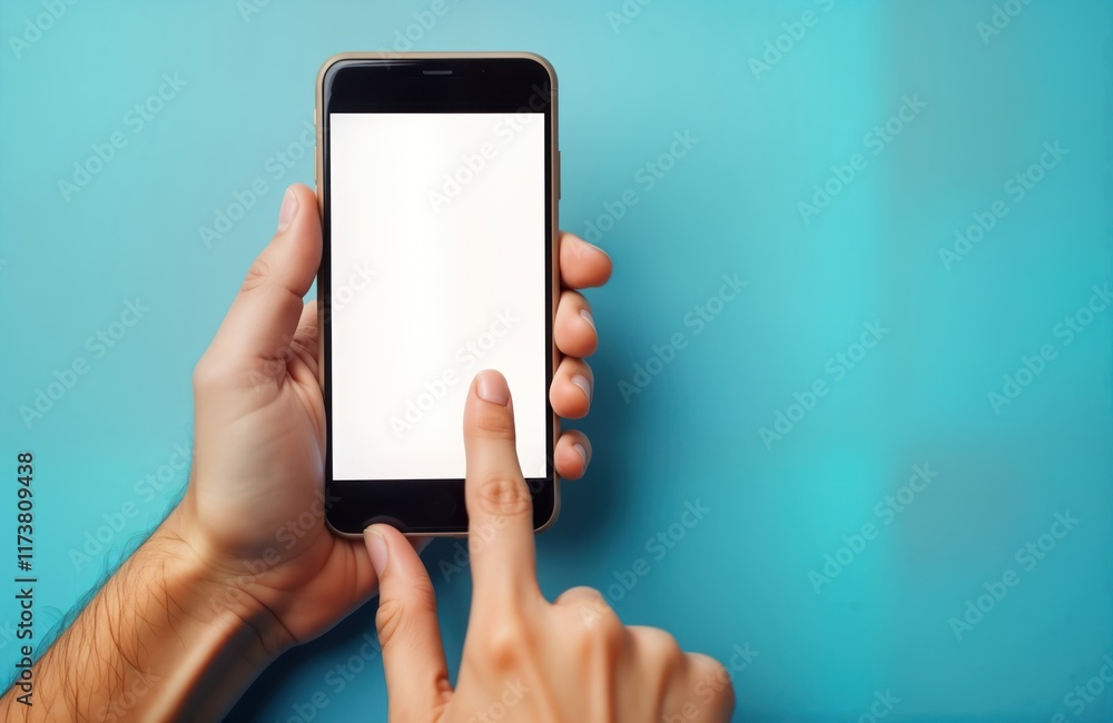 Poster man holds smartphone with blank screen. finger touches screen. blue background. modern tech device. 