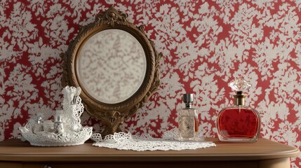 Antique vanity mirror, perfume bottles, and lace doily on a wooden dresser against a floral wallpaper.