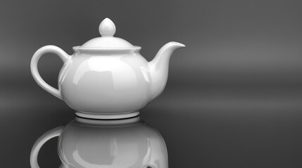 White ceramic teapot on dark reflective surface.