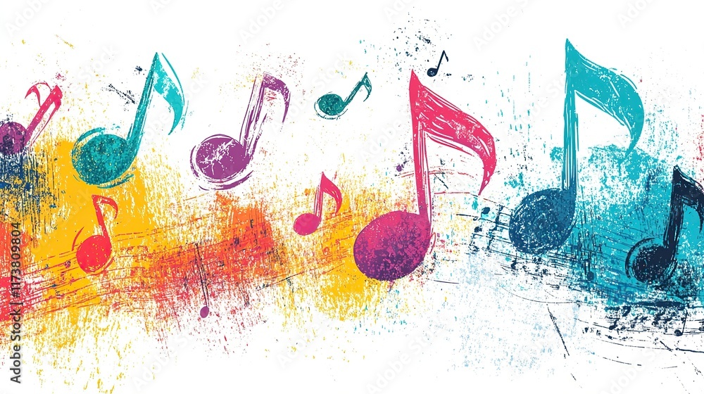 Poster abstract design with colorful splashes and musical notes on white background