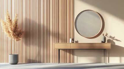 Minimalist interior design with wooden wall, console table, pampas grass, and round mirror.